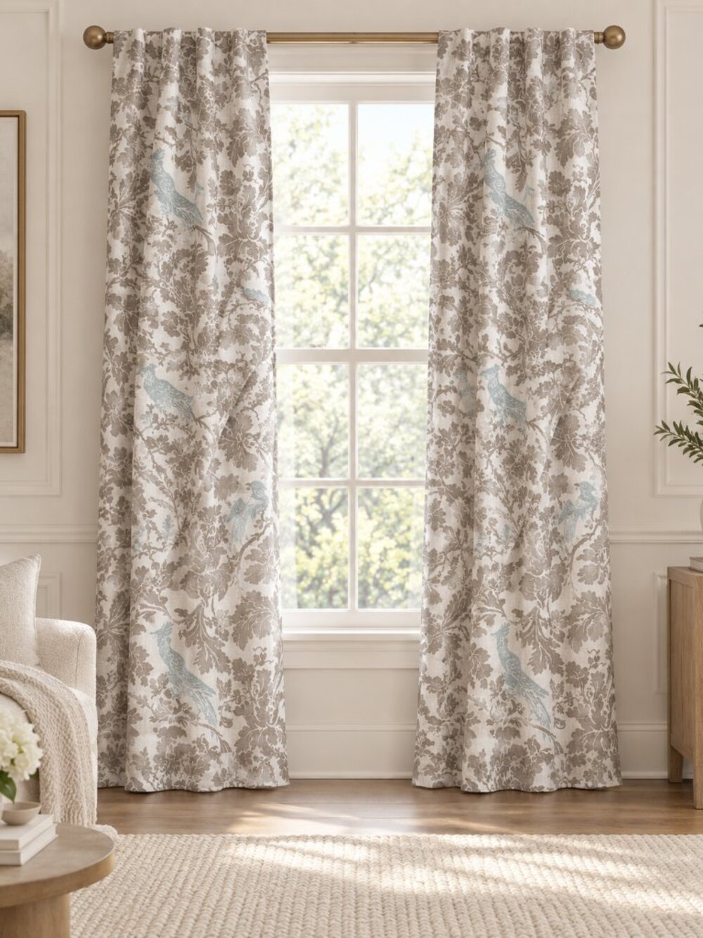 Set of 2 Ivory Taupe Floral Bird Curtain Panels 48x90 Cottage Drapes